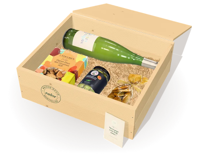 Coffret Garrigue ouvert : Picpoul de Pinet AOP, Olives Lucques du Languedoc AOP, Sablés à l’oignon doux des Cévennes, Kémias aux olives noires